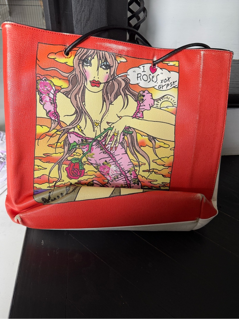 Betsey Johnson Red Graphic Tote with Illustrated Panel